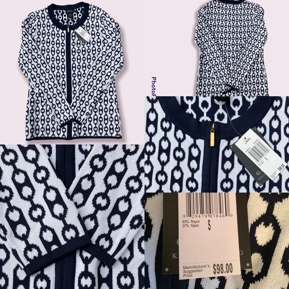 NWT  GRACE KNIT DRESSING  BLUE AND WHITE FRONT ZIPPER CARDIGAN - Picture 1 of 5